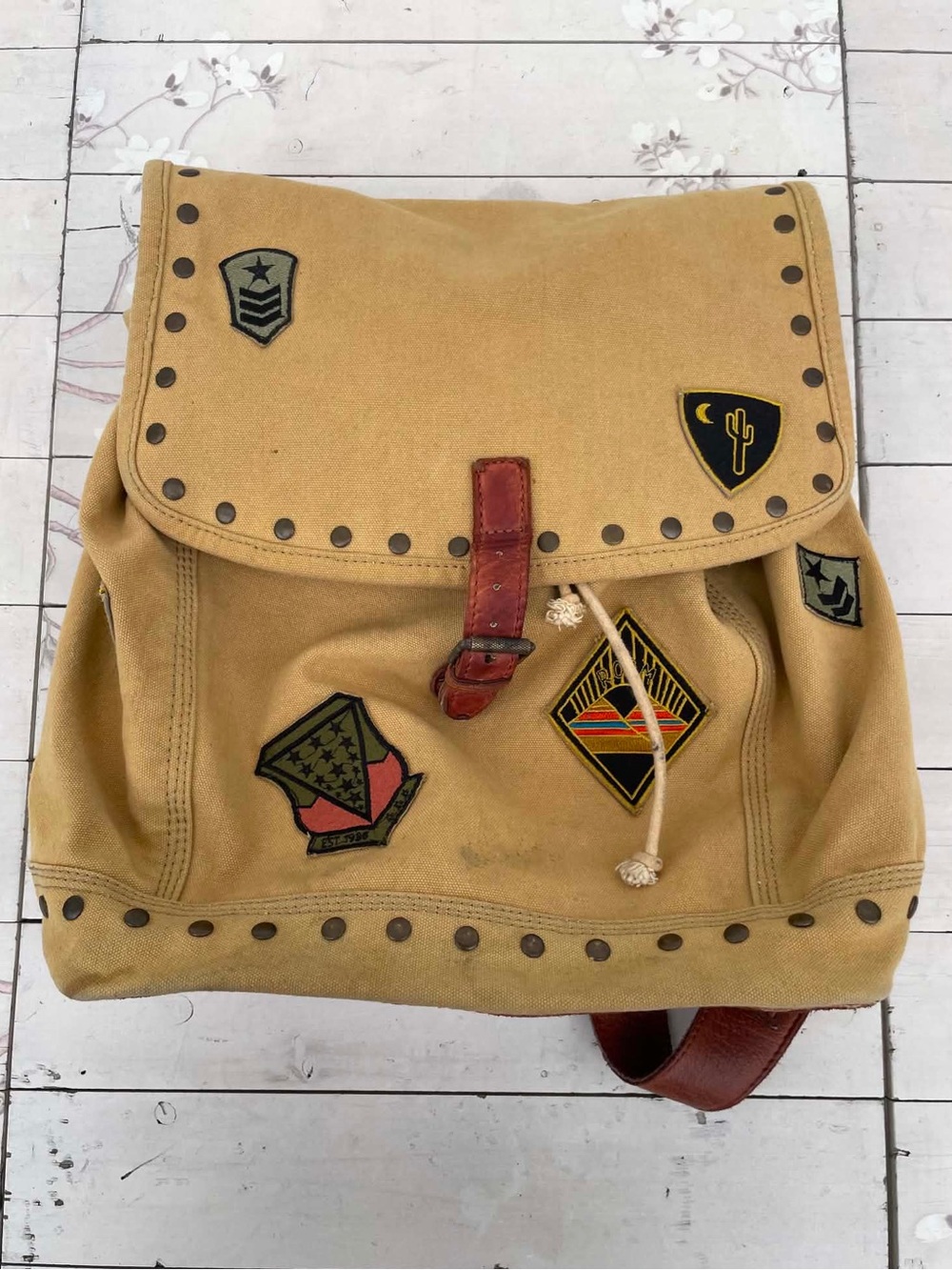 Free People Tan Canvas Patchwork Backpack with Leather Strap